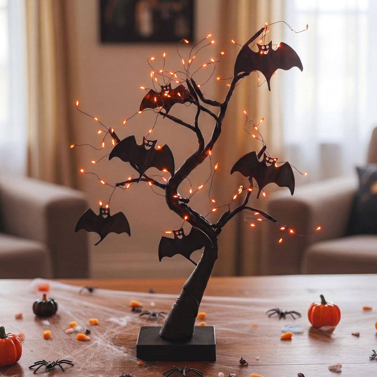 2 ft Battery-Operated Black Willow Halloween Tree with Bats