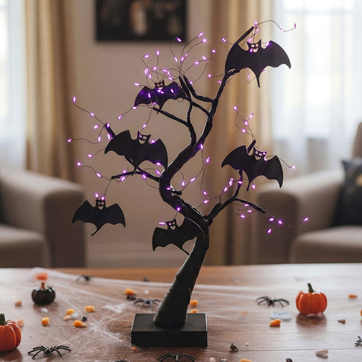 2 ft Battery-Operated Black Willow Halloween Tree with Bats