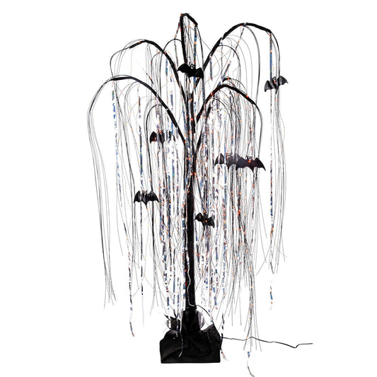 4 ft Electric Black Willow Halloween Tree with Bats and Orange Micro LEDs