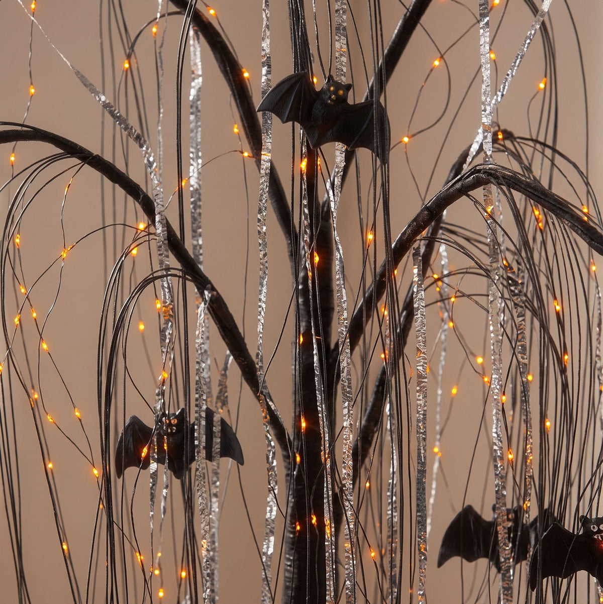 4 ft Electric Black Willow Halloween Tree with Bats and Orange Micro LEDs